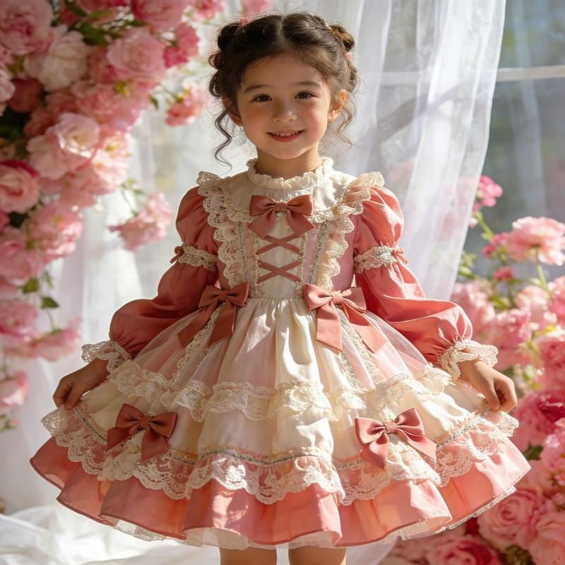 Toddler Girls' Pink & White Lace Frilled Long-Sleeve Princess Dress - Crew Neck, Tiered Ruffle, Bow-Accent, Casual, Tea-Party Perfect Birthday Gown for 3-4 Years