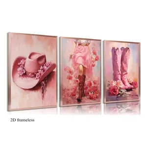 3-piece set: Pink denim-themed canvas wall art for girls, featuring a stylish cowboy boot poster and a Western-style floral boot-and-hat artwork. Perfect for decorating college-style rooms, bedrooms, and apartments. 2D, frameless.