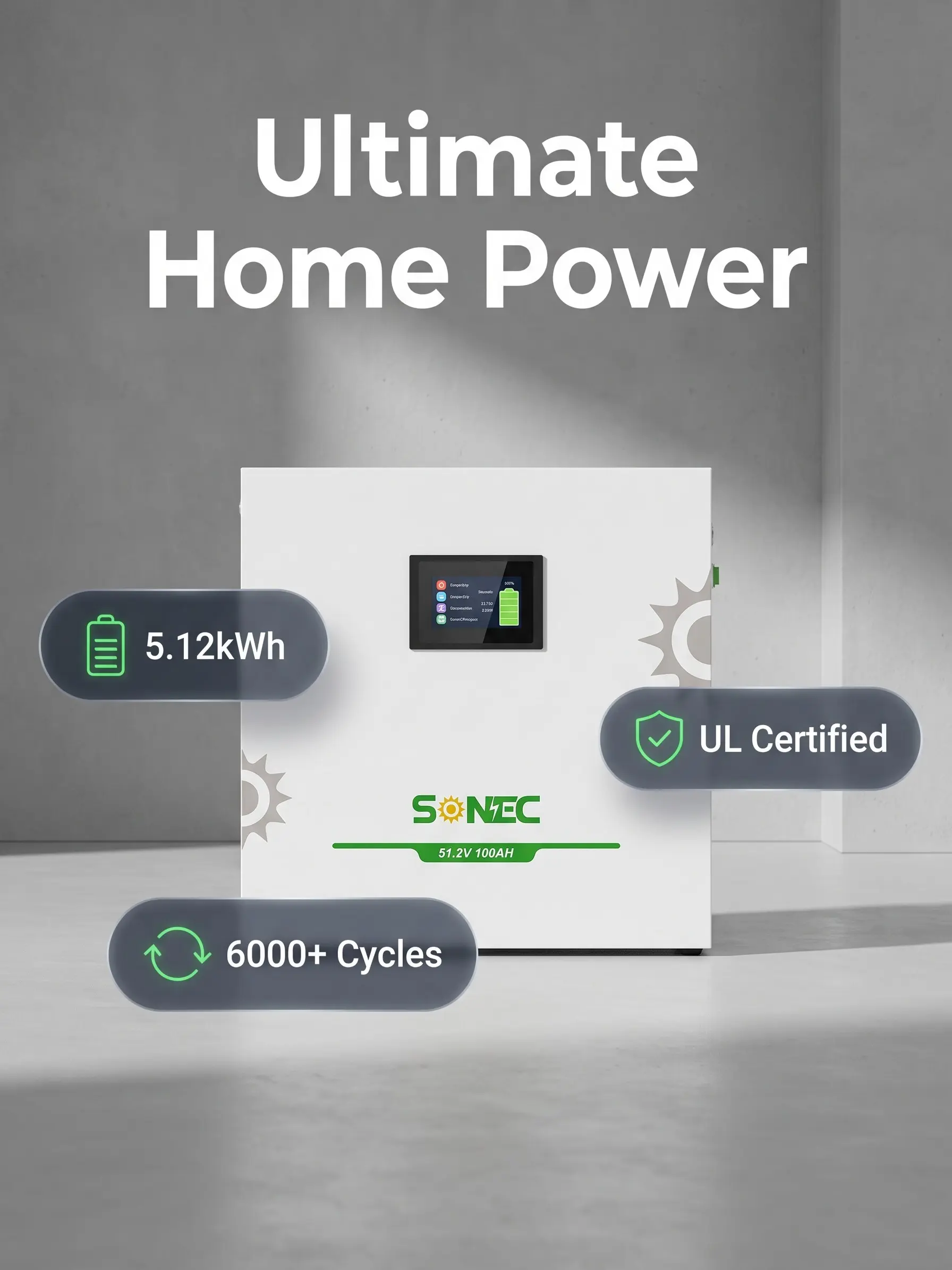 【Battery】SONEC 5kWh Battery  51.2V100Ah-Offgrid power & Solar System Compatible, Bluetooth, Active Balancing, Wall-Mounted,5kwh,100Ah,BMS,LCD Mounted,Grade A Cells,8000+Cycles,Designed for home energy storage,10-year warranty