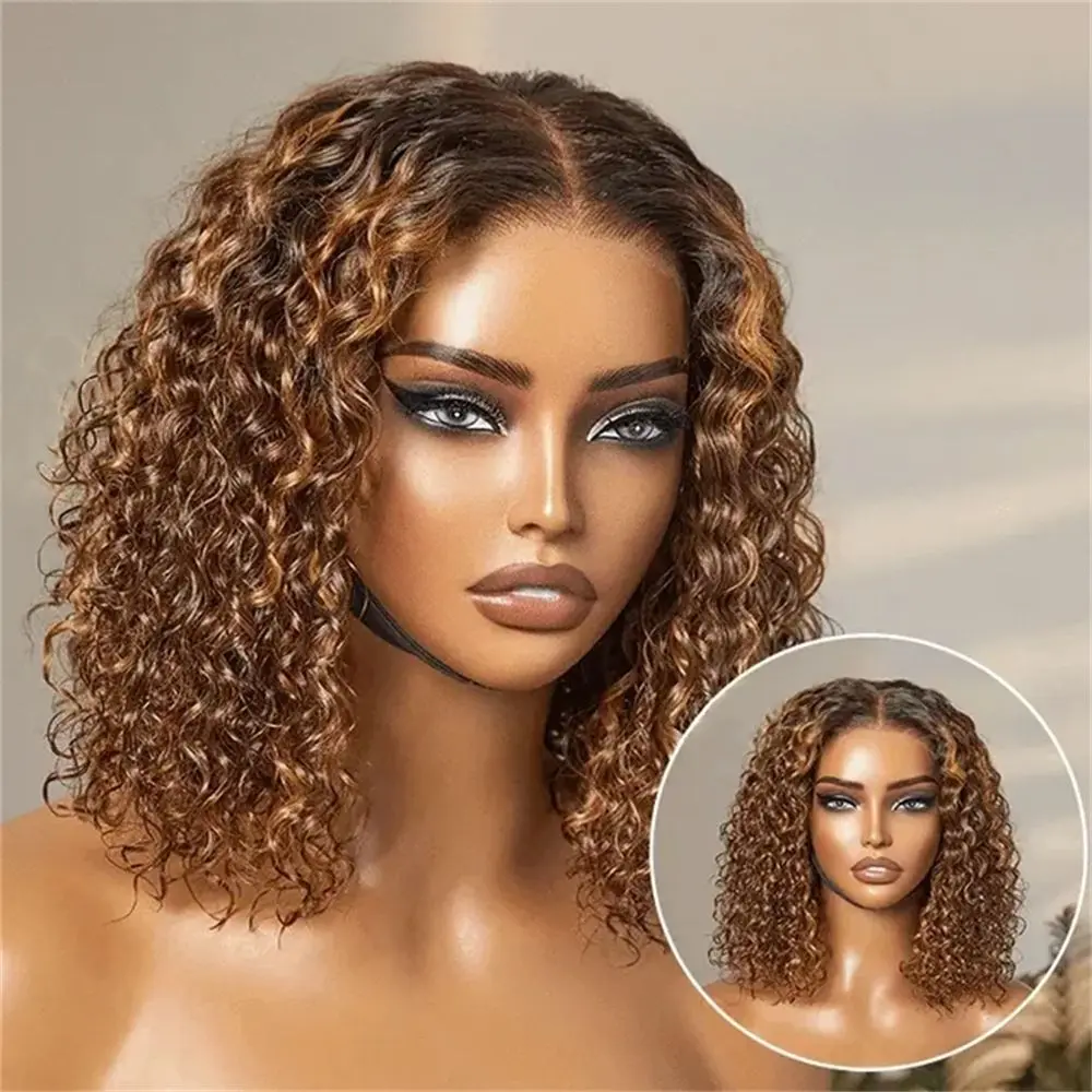 Wear and Go Bob Wig Human Hair Highlight Curly Wave 13x4 Lace Closure Wigs Human Hair 4/27 Colored Glueless Honey Blonde Wig Human Hair Pre Plucked 180 Density 12 Inch