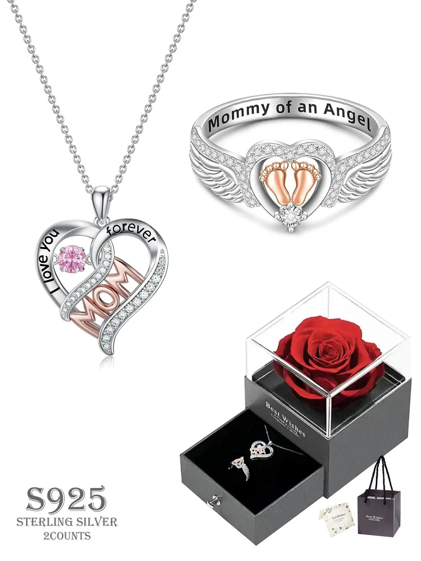 925 Sterling Silver Angel Wing Design Promise Ring & Heart Design Necklace Jewellery Gift Set, Elegant jewelry set, Fashion Jewelry for Party, Daily Clothing Decor, Jewelry for Birthday Gift, Valentine's Day