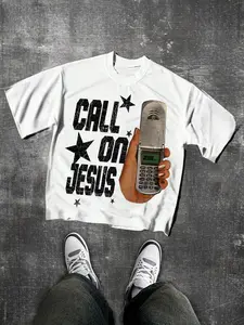 Unisex Y2K Style Vintage Christian "Call on Jesus" Slogan Round Neck Short Sleeve Graphic Fitted T-Shirt, Streetwear Faith Culture Trendy Casual Comfortable Retro, Fashion, Cultural