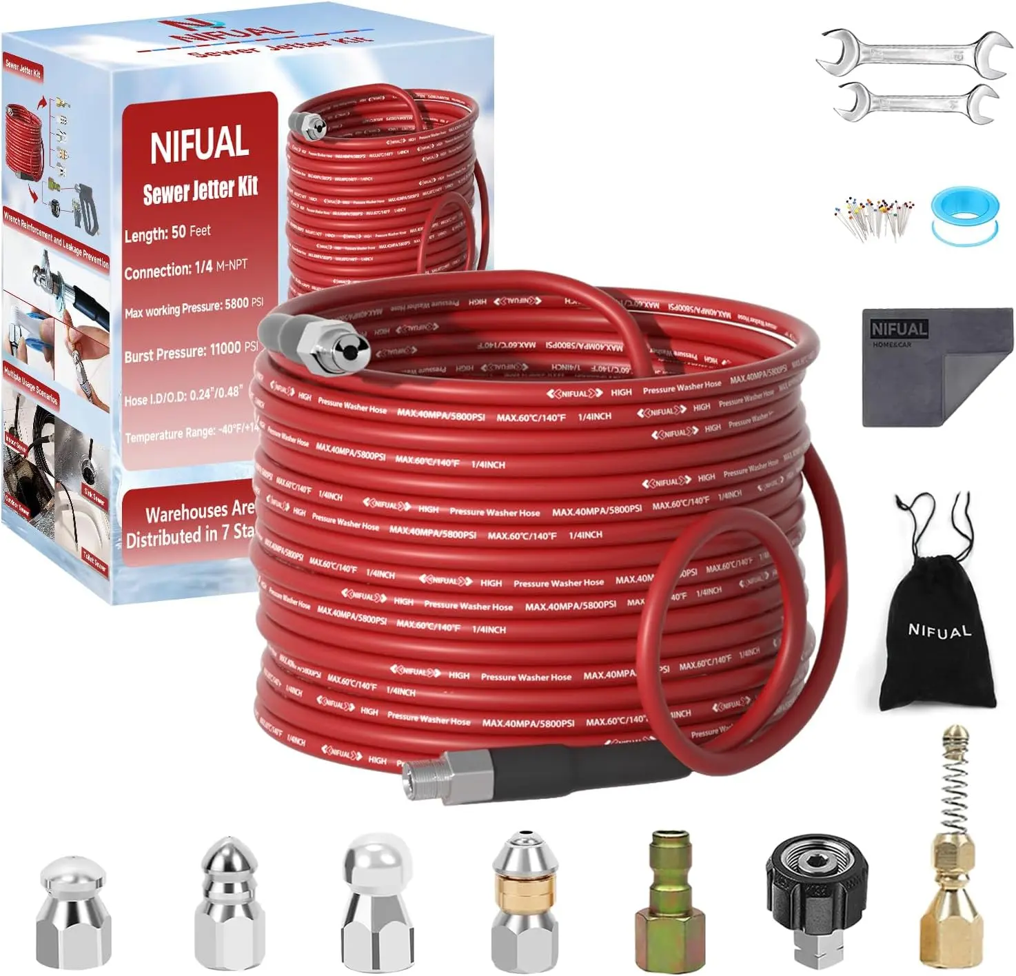NIFUAL Sewer Jetting Kit 50FT 5800PSI Durable Hose with 5 Nozzles & Tools for Siding Sinks Gutters Roofs Floor Drains Toilets