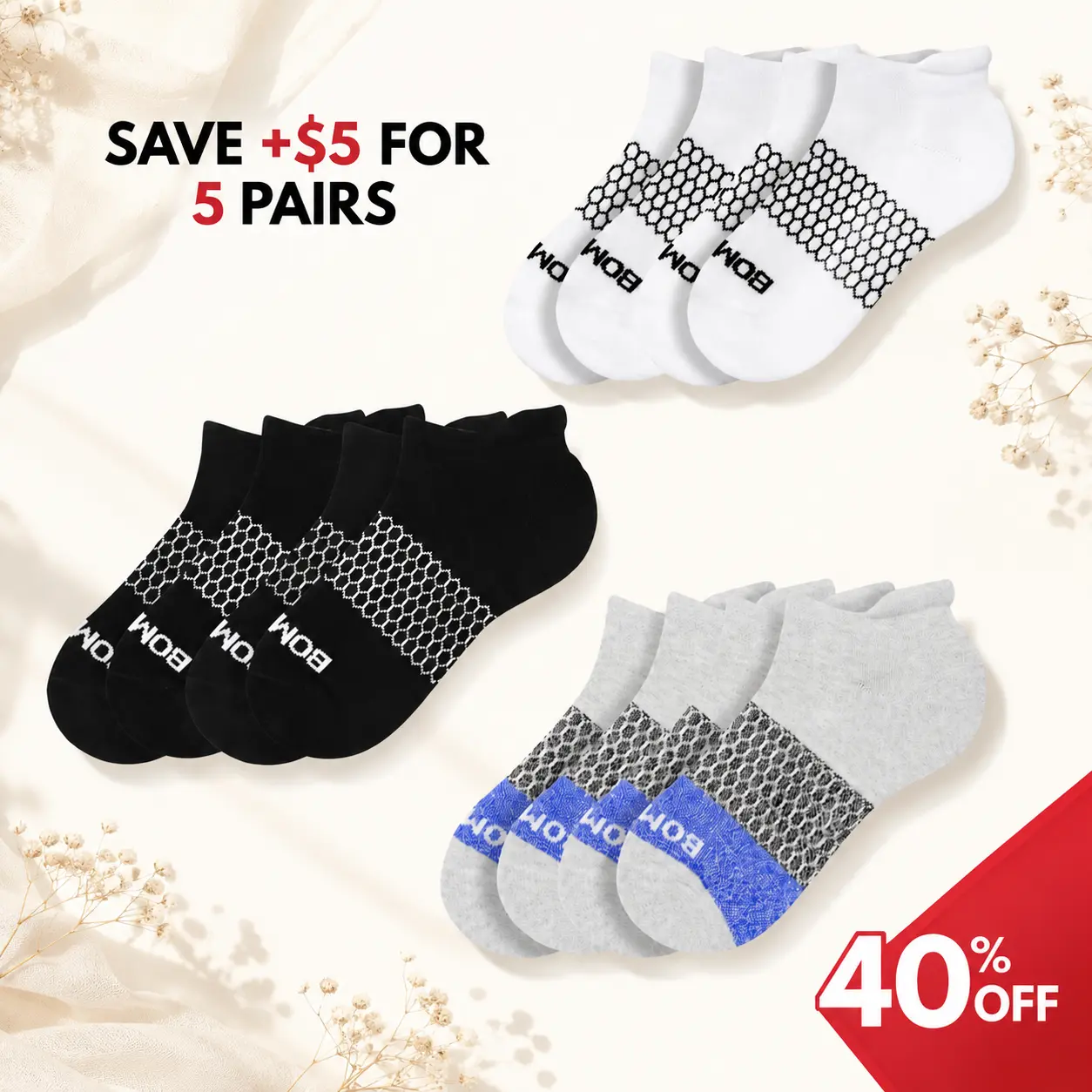 Pack 2/3/5 Bombas Ankle Socks, Cushioned Footbed & Honeycomb Arch Support, Seamless Toe, Blister Tab, Soft Cotton Blend, Size S, M, L, Women's Men's Daily wear