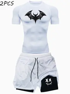 Men's Quick-Dry Compression Sports Set, Moisture-Wicking Gym Top Shorts, Bold Print High Elastic Breathable Sleeveless Training Running Cycling Yoga Outdoor Activities