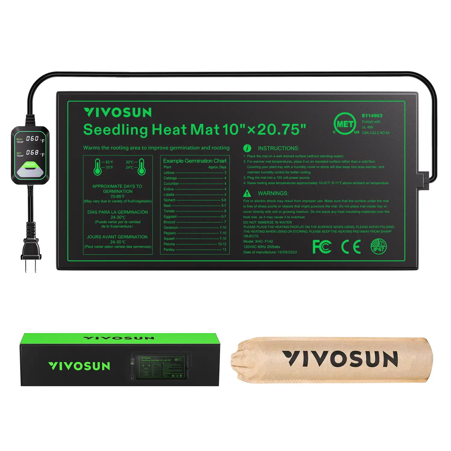 VIVOSUN Seedling Heat Mat and Digital Thermostat Combo Set, UL & MET-Certified Heating Pad for Hydroponic, Kombucha Tea, Brewing, Fermentation & Plant Germination