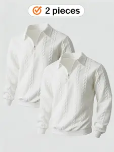 2-piece men's autumn and winter knitted quarter zipper lapel sweater with a retro Polo style sweatshirt. It features a texture design and soft fabric suitable for layering.solid-color long-sleeved sweatshirt，gifts for him boyfriend christmas gifts