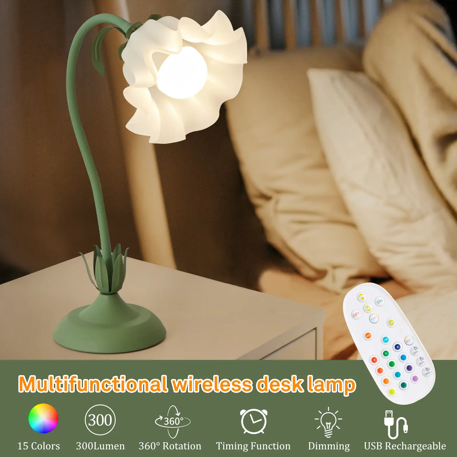 Cute Retro Flower Desk Lamp with Wireless Charging, RGB Color Modes, Adjustable Brightness - Indoor Lighting Nightstand Atmosphere Lamp for Bedroom (Ideal for Kids' Rooms)
