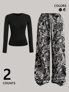 Women's Plain  Top & Camo Print Wide Leg Pants Two-piece Set, Casual Fashion Cozy Round Neck Long Sleeve Top & Trousers for Daily Outdoor Wear, Ladies Clothes for All Seasons