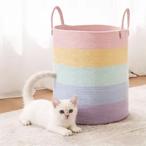 Rope Laundry Basket Hamper for Kids Girl Woven Storage Basket for Living Room Bedroom Boho Tall Baskets for Blanket Toys Pillow Towels Baby Nursery Hamper Bin rainbow