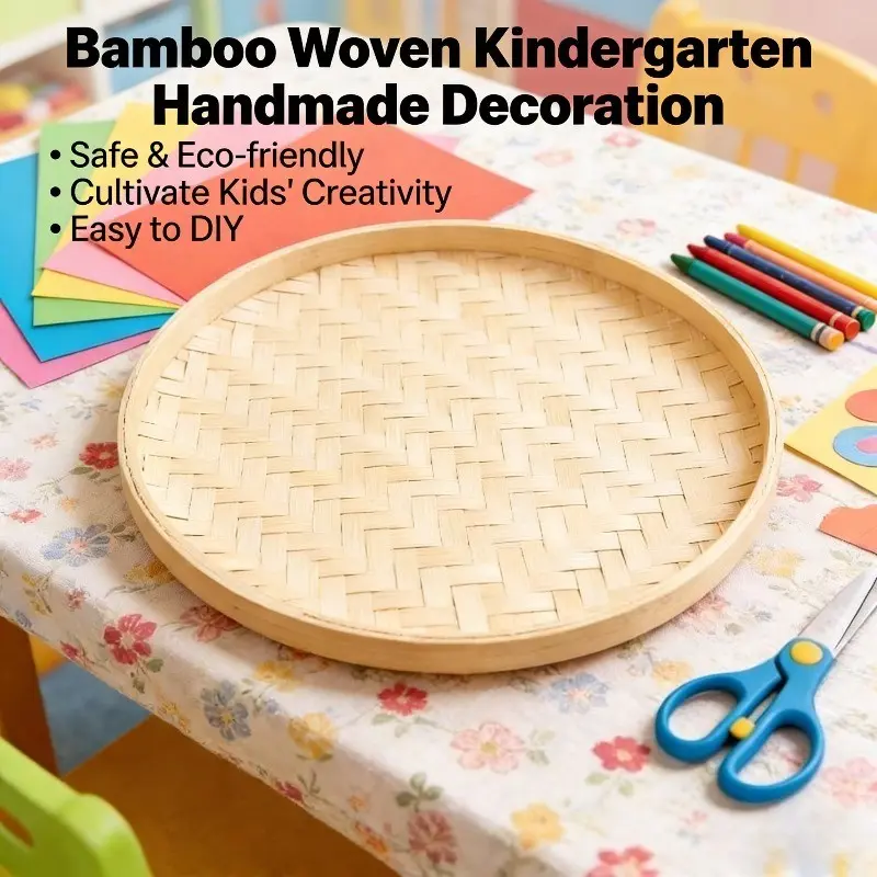 New Handwoven Handmade Bamboo Round Tray - Natural Bamboo Woven Basket for Kids Art Craft, Easy to DIY, DIY Painting Decor, Kindergarten Classroom Wall Hanging, Food Serving & Fruit Storage