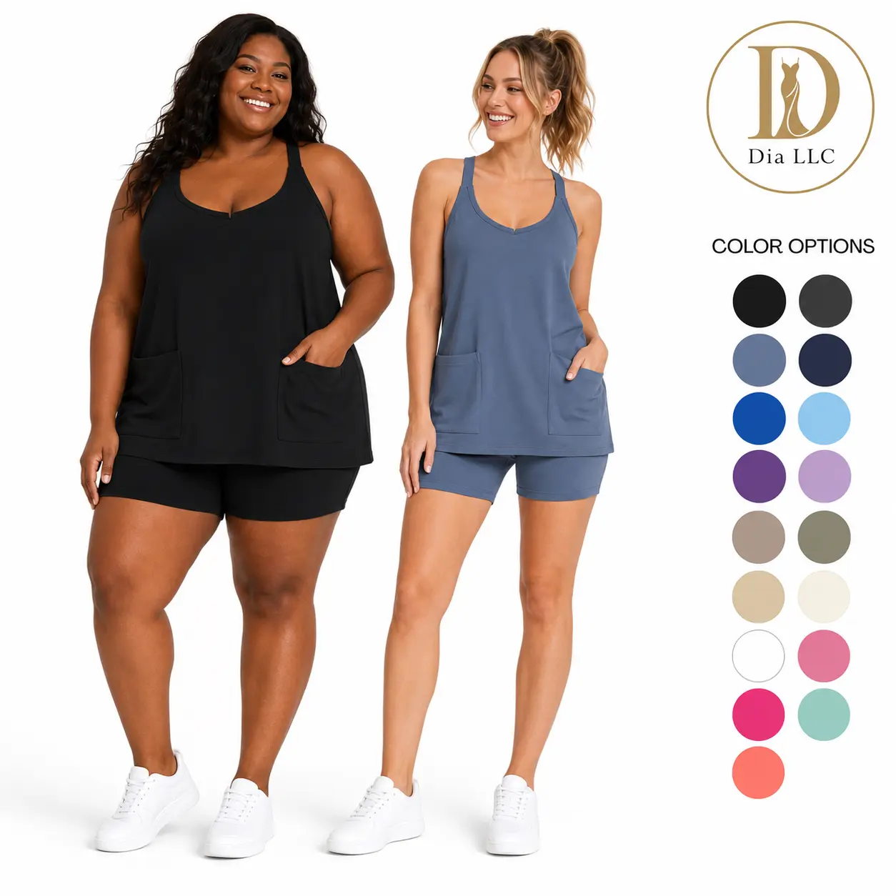 Dia LLC Women’s Loose Tank Top & Shorts Set with Pockets, Casual 2 Piece Summer Outfit, XS–5XL