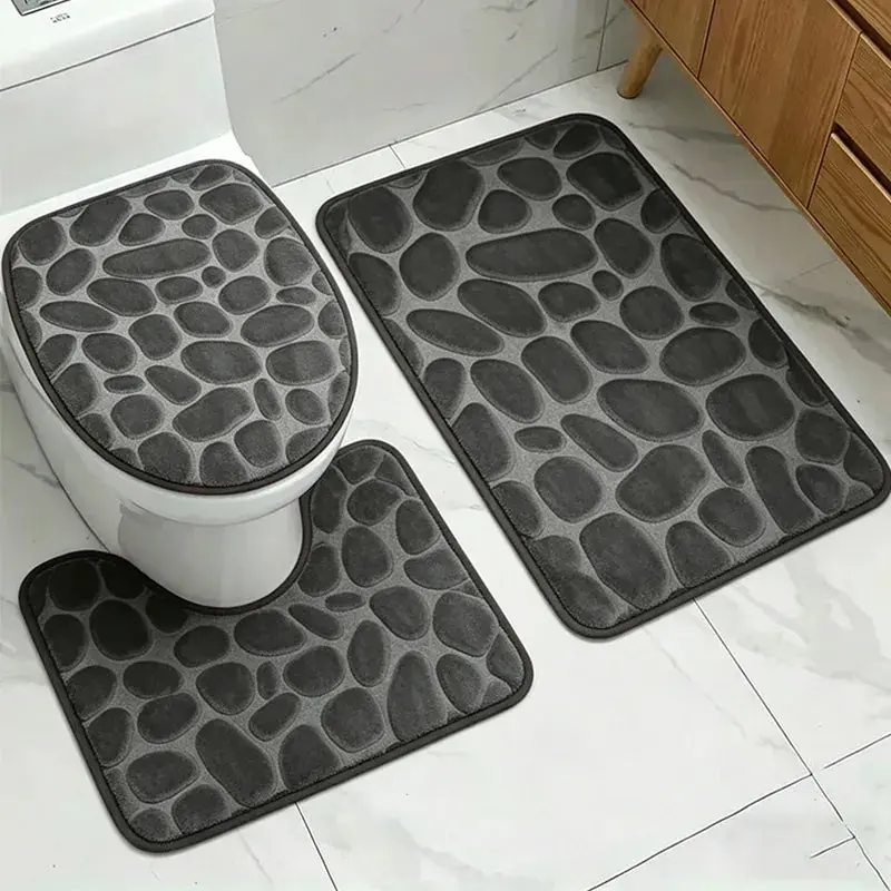 Bathroom Microfiber Mat Set Pack - 3-Piece, Striped, Non-Slip, Water Absorbent, Modern Decor for Shower, Toilet