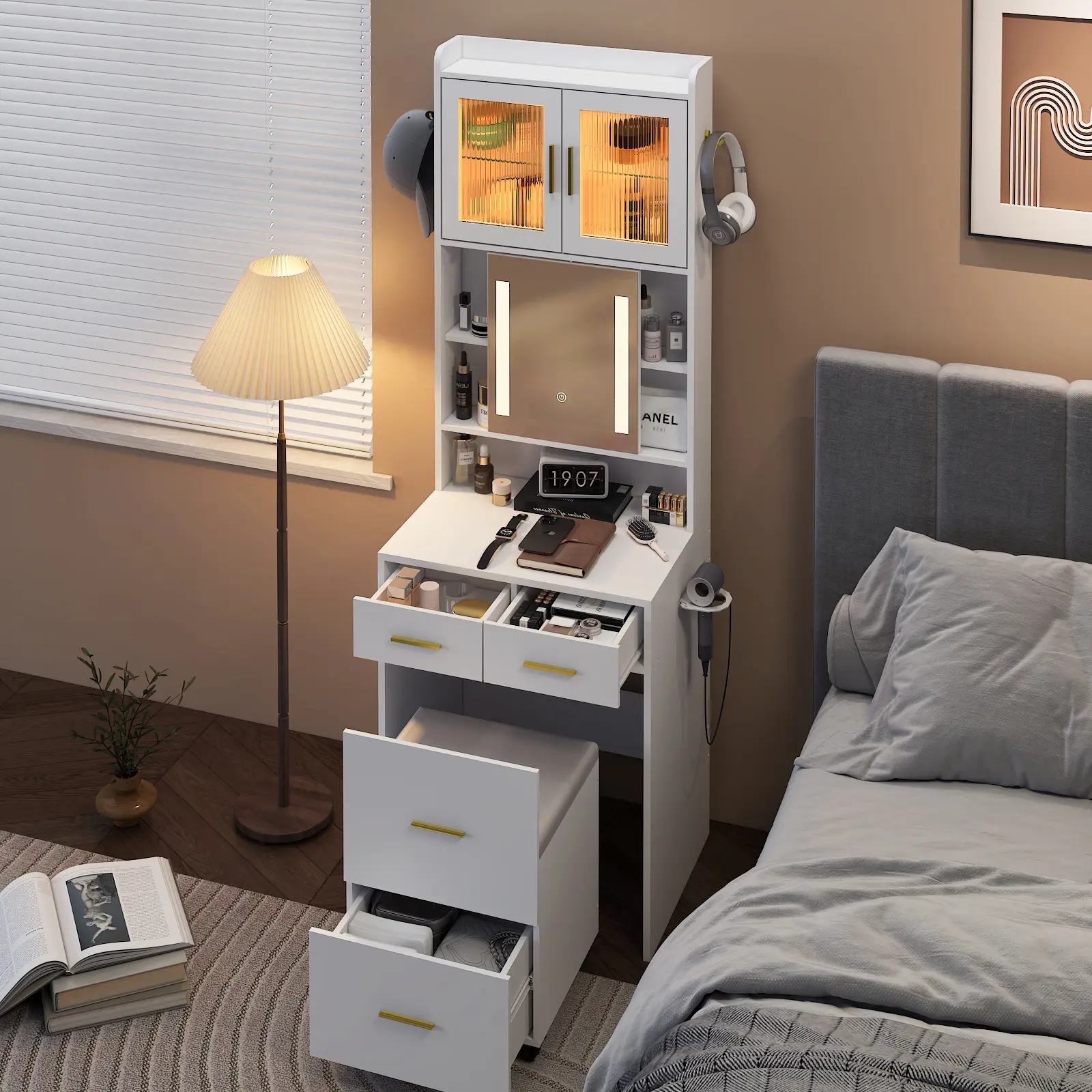 LED-Lit Makeup Vanity Glass Organizer - Compact Rectangular Vanity Desk with Sliding Mirror, Charging Station, Storage Shelves, Hidden Storage Rolling Stool, Space-Saving Corner Furniture for Small Bedrooms