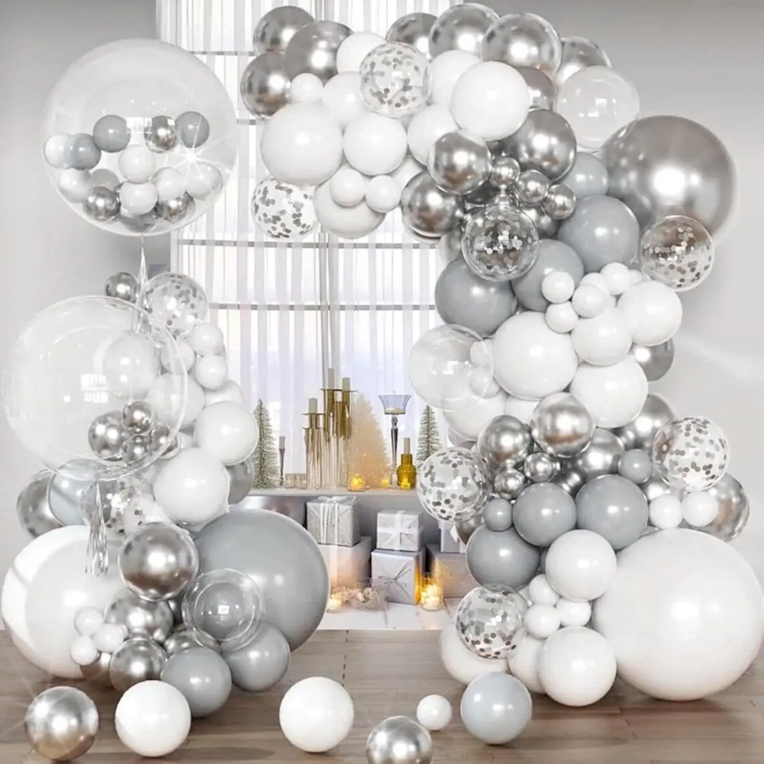 110pcs Round Rubber & Foil Balloon Arch Garland Kit - White, Silver Party Balloons Decorations for Graduation, Birthday, Thanksgiving, New Year, Anniversary Home & Festive Decoration Supplies, Colorful, Room Decor