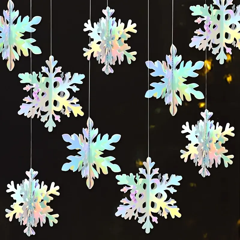 6/12pcs Iridescent 3D Snowflake Hanging Decorations - Multicolor Paper Craft Ornaments for Winter, Christmas & New Year Indoor Festivities, Indoor Winter Decor|Colorful Hangings|Lightweight Decor