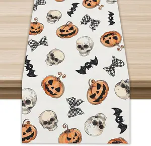 Pumpkin Skull Bat Halloween Table Runner 72 Inch Seasonal Fall Kitchen Dining Room Table Decorations for Home Party Decor