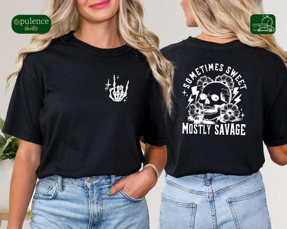 Men's 'Sometimes Sweet Mostly Savage' Graphic T-Shirt - Casual Cotton Short-Sleeve Top with Witchy Skull & Flower Print, Soft Seamless Fabric, Shortsleeve, Round Neck, Smooth, Graphics, Foldable, Tshirt, Fitted Cut, Crew Neck, Casual Fit, All Season