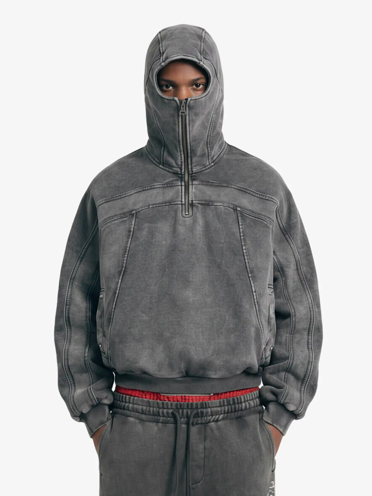 Thesupermade Fleece Zipper Eye-Hood Face Cover Jacket | Half-Zip Integrated Mask Winter Streetwear Jacket Men Women
