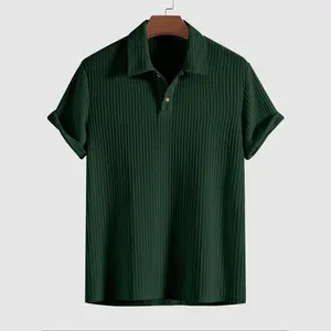 Men’s Plain Jacquard Knit Polo Shirt, Regular Fit Casual Short Sleeve Button Front Top for Summer, Fashionable Men’s Clothing for Everyday Wear, Green Top, Soft Comfortable Skin-Friendly Fabric