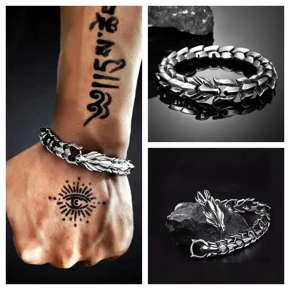 Men's Viking Stainless Steel Dragon Chain Wristband - Punk Waterproof Metal Bracelet with 1.36oz (38.5g) Substantial Weight, 8.2" (21cm) Size, Secured Dragon-Headed Lobster Clasp, Ideal for Birthday Gifts, Secured Closure, Forged In Legend