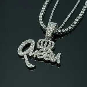 RQSP 20inch Tennis Chain Iced Out Pendant "Queen Theme" Necklace Personalized Diamond Jewelry with 20inch Rope Chain Gold/Silver Colour Hip Hop Gifts for Daily Wear Office & Special Occasions Women Men