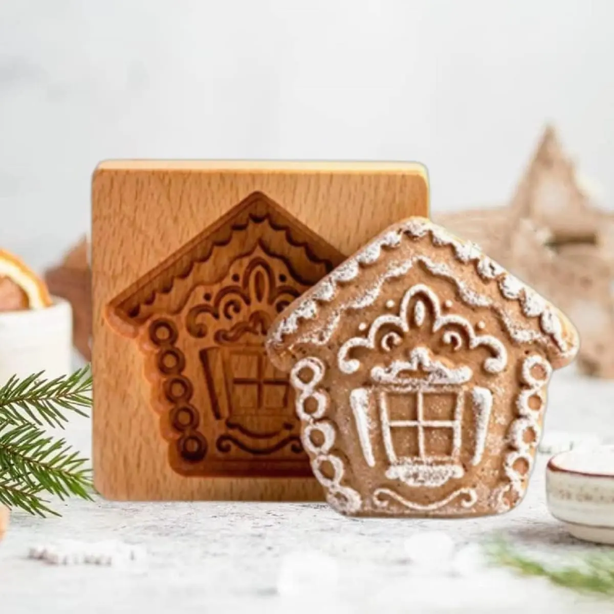 Natural Wood Carved Cookie Stamp Cutter - DIY Embossing Bakeware Mold, Baking Tool for Gingerbread Houses, Cookie Cutter
