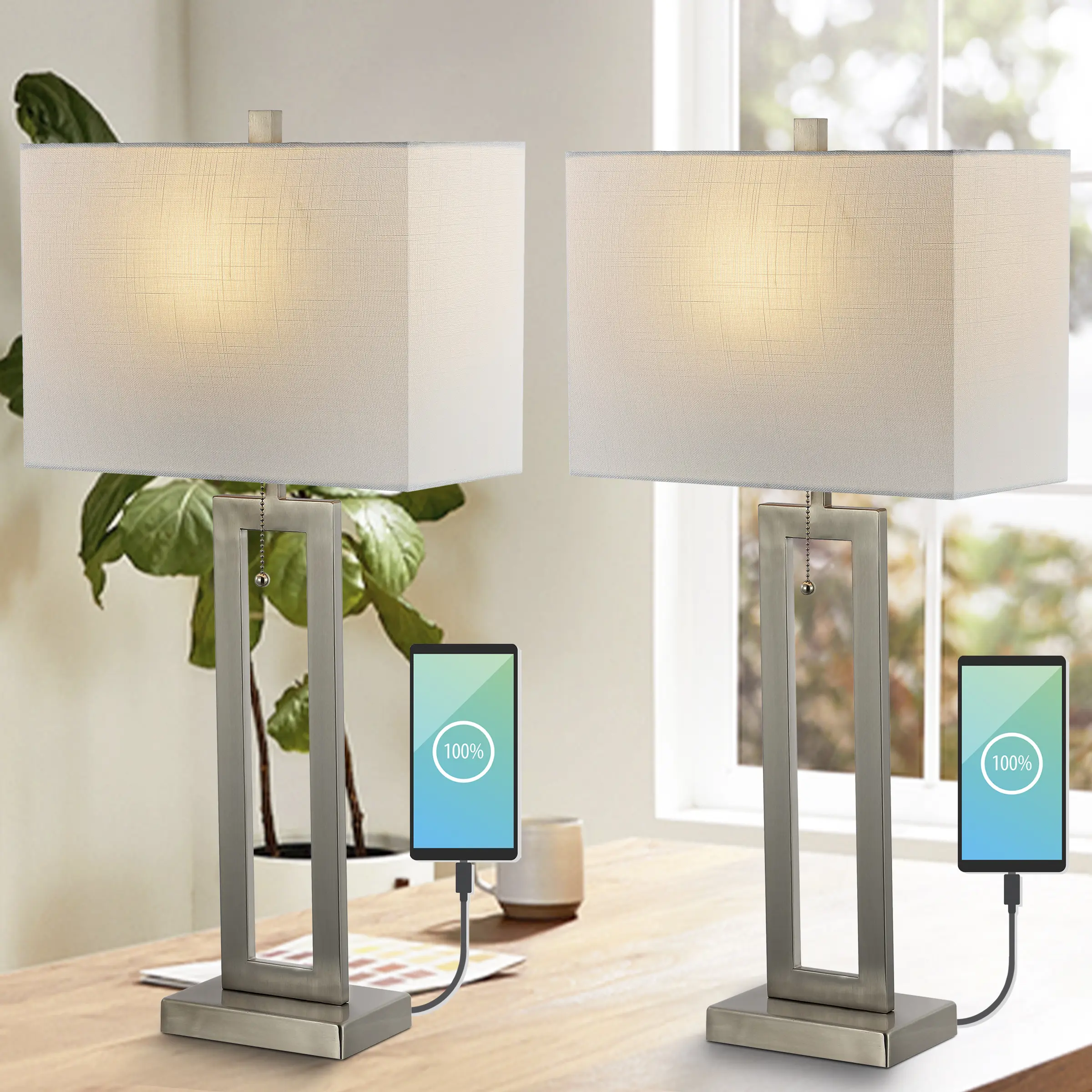 JONATHAN Y Sabrina Vintage Industrial Iron LED Decorative Table Lamp - Pull-Chain, USB Charging Port, Linen Accents, Coastal Style - Led Desk Lamp, Desktop Light for Bedroom, Living Room Sets