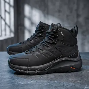 Men's waterproof tactical high-top work boots, ankle protection, durable and breathable fabric, suitable for both indoor and outdoor wear, black and brown safety style.