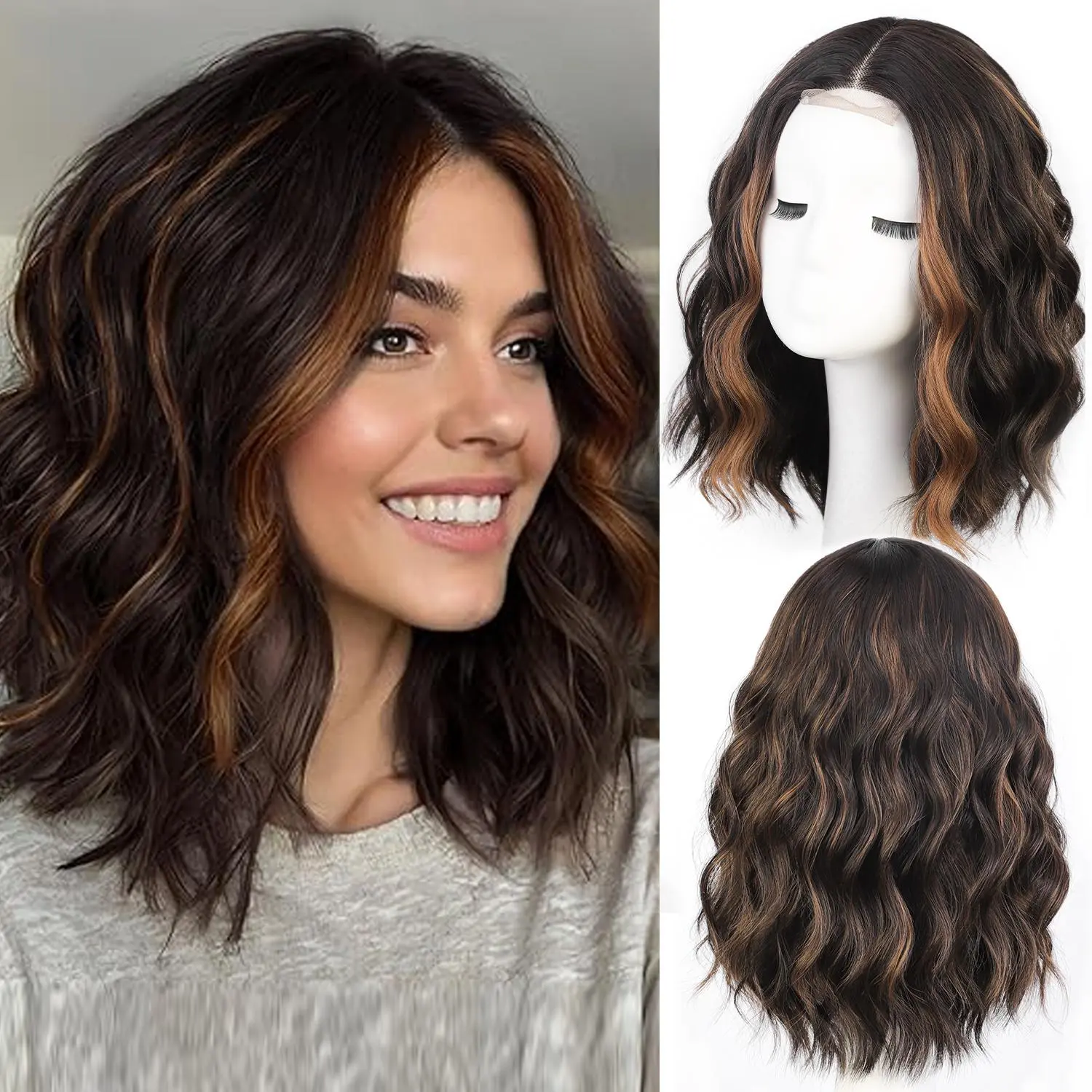 Women's 14-Inch Soft Curly Bob Synthetic Wig, Black with Brown Highlights, Heat-Resistant, Natural HD Lace Hairline, Hairstyle Wigs