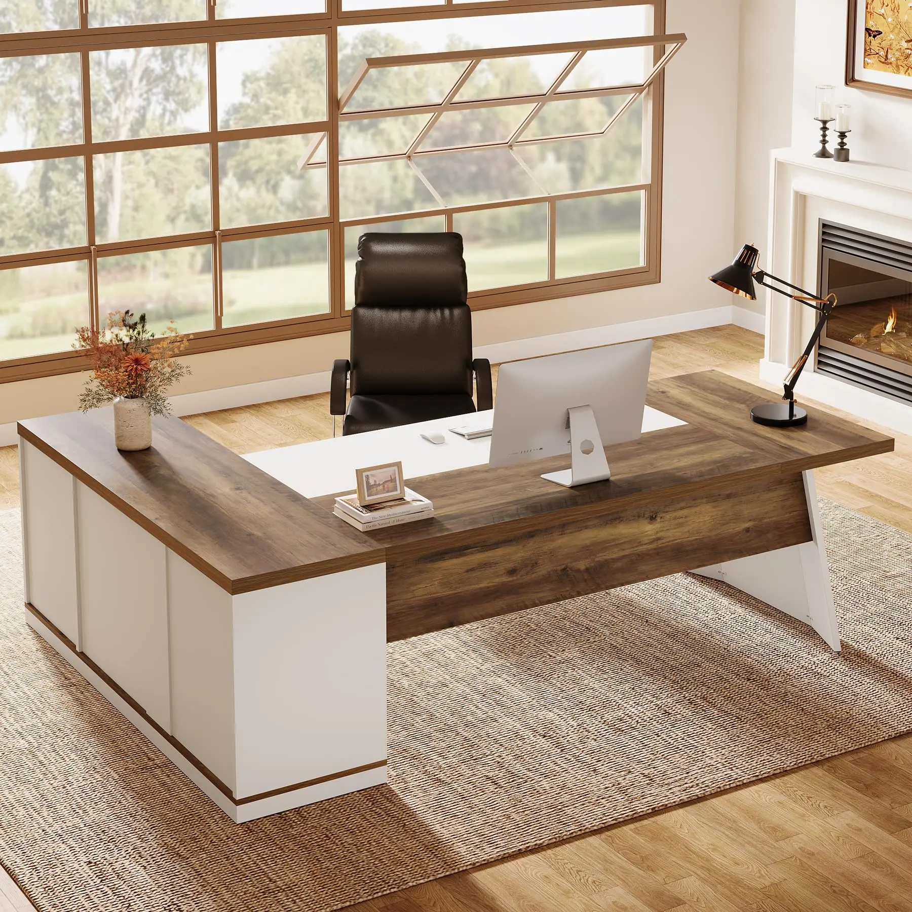 Tribesigns Modern L-Shaped Executive Desk with Storage, Large Computer Table for Home Office, Brown & White