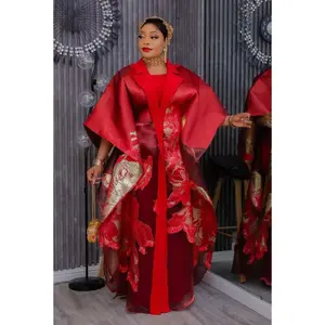 Elegant Red Kaftan Maxi Dress 2-Piece Brocade Mikado Outfit Set, African Party Attire Engagement Ceremony Mother of The Bride Photoshoot Wedding Guest Cocktail Gala