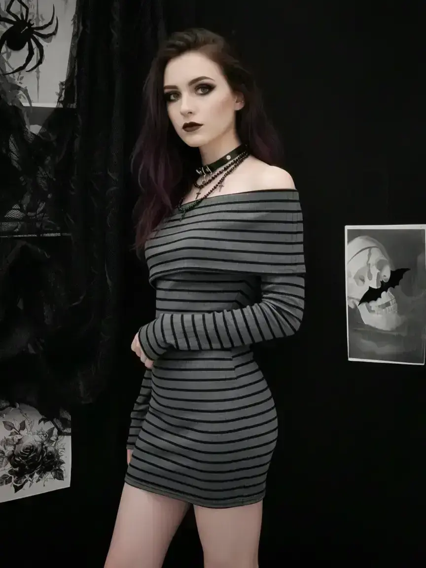 Women's Fall Winter Knit Striped Bodycon Dress, Fashion off Shoulder One-Shoulder Asymmetrical Long Sleeve, Casual Elegant Style Chic Womenswear