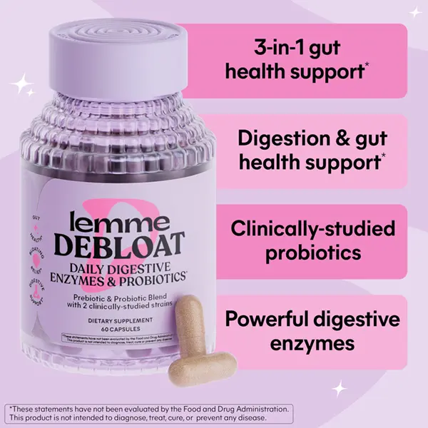 Lemme Debloat 3-in-1 Prebiotic, Probiotic & Digestive Enzyme Capsules for Bloating & Gas Relief - 2 Clinically Studied Probiotics w/5 Digestive Enzymes to Improve Digestion, Women & Men, (60 Count)