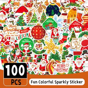 100PCS Merry Christmas Stickers, Waterproof Holographic Shiny Stickers for Scrapbooking, DIY Cards & Holiday Party Decorations