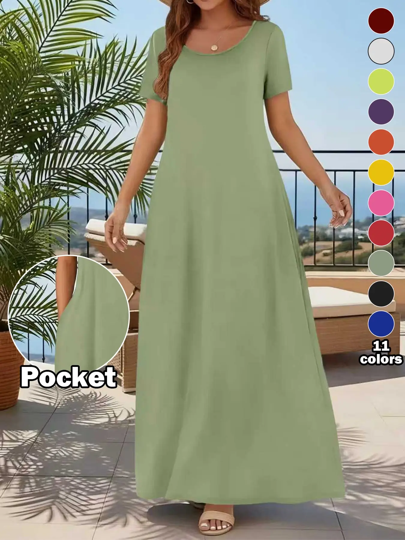 Women's Casual Minimalist Plain Short Sleeve Round Neck Dress with Pockets, Loose-Fit Summer Wear for Commuting, Essential Beachwear, Beach Sundress, Casual Dresses, Womenswear
