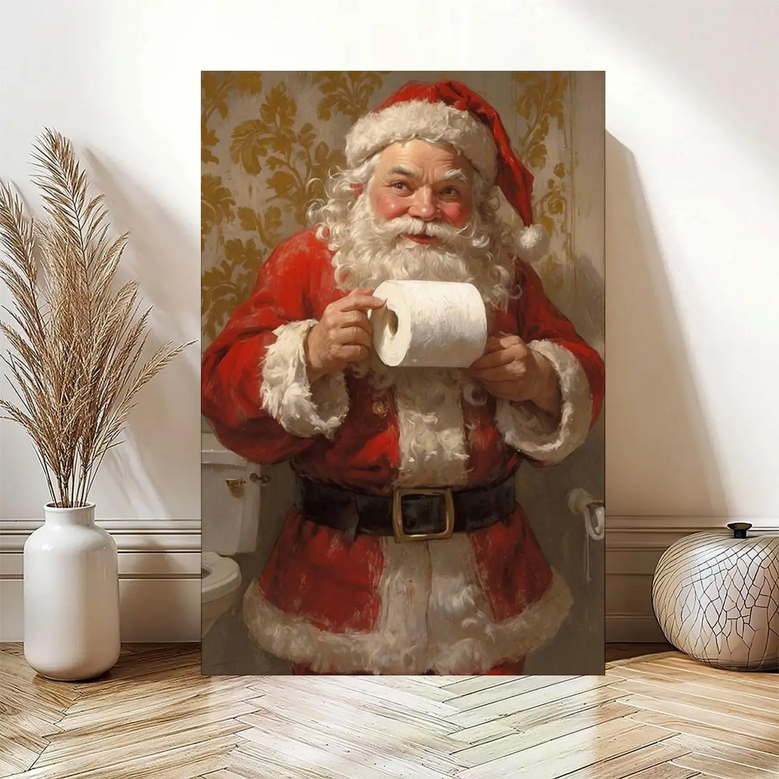 Christmas Wall Decor Cute Santa Holding Toilet Paper Art Print Eclectic Bathroom Poster Farmhouse Wall Decor Aesthetic Santa Canvas Print Painting for Bedroom & Toilet