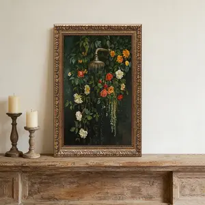 Floating Floral Shower Wall Art, Vintage Botanical Flower Canvas Print, Romantic Garden Roses and Waterfall Painting, Nature Inspired Bathroom Wall Decor for Home Living Room