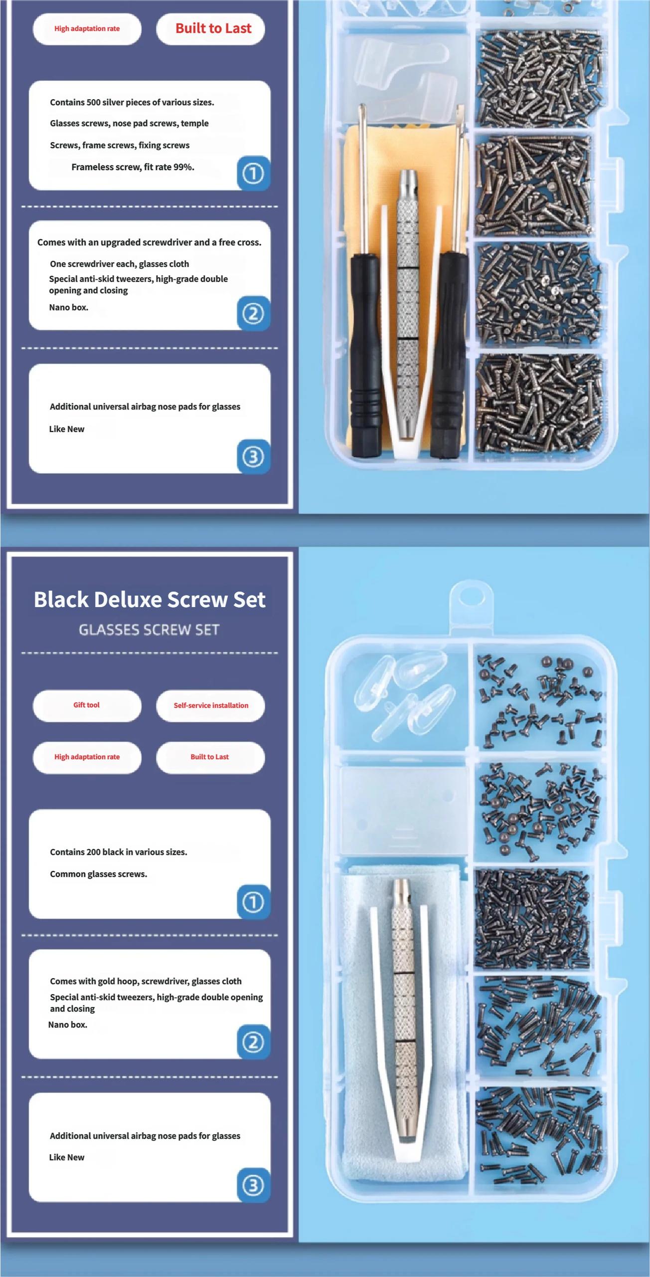 Eyeglass Repair Tool Set: Eyeglass Screws, Nose Pad Screwdriver, Frame & Arm Repair Parts, Storage Box