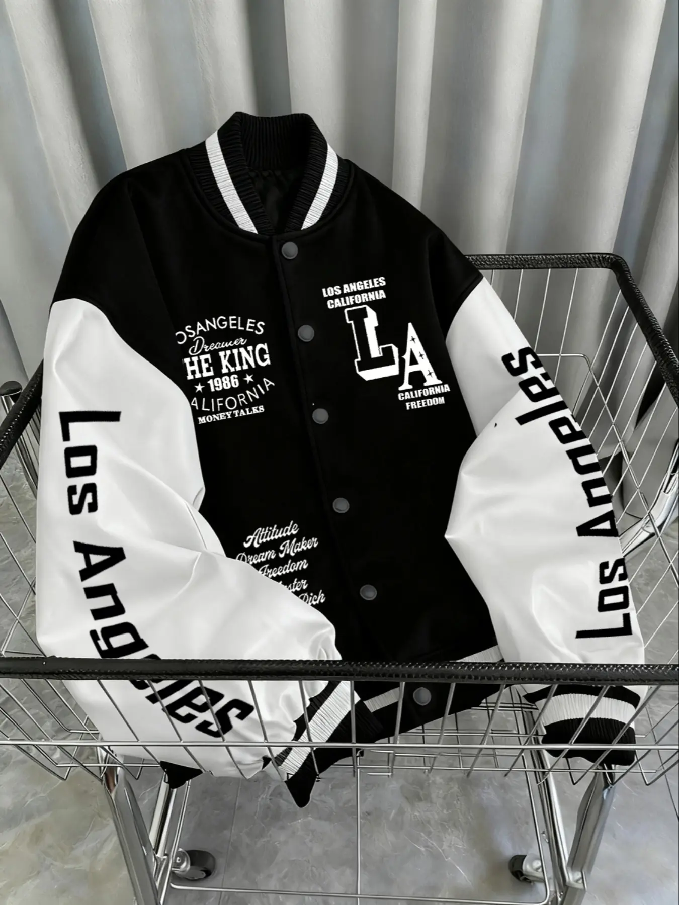 Men's Casual Baseball Collar Varsity American Jacket, Trendy La Letter Design, Unique Print School Team Jacket for Students, Fall & Winter