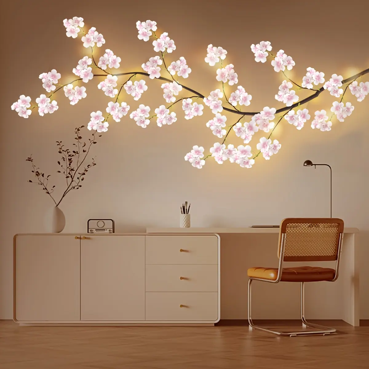 1pc 100 LED Cherry Blossom Willow Vine Light with Flower Home Valentine's Day Decor, USB Powered Party Wall Decorations String Lights Branches Enchanted Fairy Lights, 1.8m/ 5.90ft Lighted Twig Vine Mantle Firepalce Wedding Love Ambiance Decor