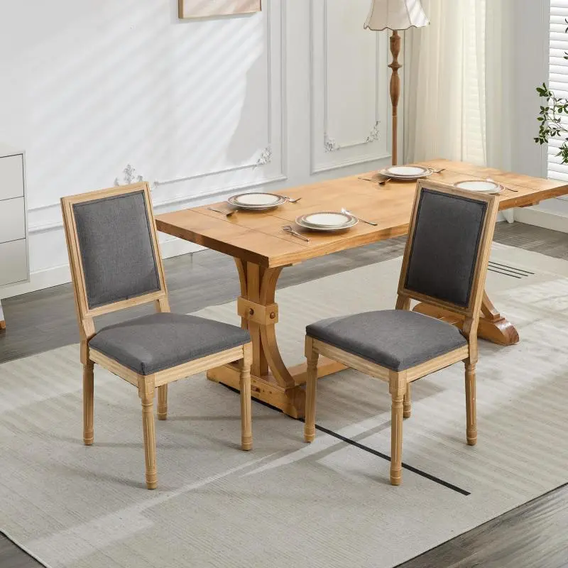 French Dining Chairs Set of 2, Louis Dining Chairs with Square Backrest and Exquisitely Carved Solid Wood Frame for Living Room, Kitchen, Restaurant, Gray