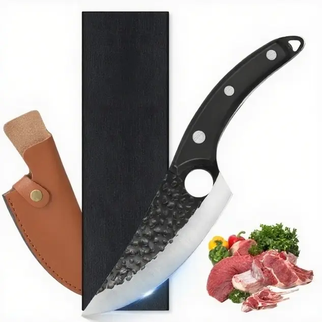 High Carbon Steel Curved Multi Purpose Blade Viking Hand Forged Kitchen Knife with Sheath, Sharpener - Heavy Duty Black Outdoor Survival Tool for Home Camping Deboning