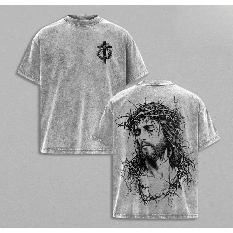 Men's Short-Sleeve Washed T-Shirt - Classic Comfy Streetwear Vibe, Tears of Blood Prints, Christ’s Love in Pain, Jesus Crown of Thorns Design, Christian Apparel, Easter Outfit, Gym Pump Cover, Shortsleeve, Seamless, Oversized