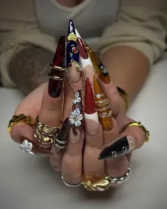 Baroque Amber Press-On Nails | Gold Chain & Floral Design, Long Stiletto Handmade Luxury Manicure Set, Elegant Statement Nail Art