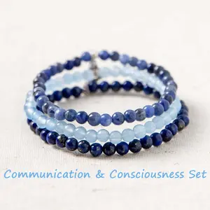 Communication & Consciousness Blue Beaded Gemstone Bracelet 3pcs Set - Lapis Lazuli, Aquamarine and Blue Aventurine, 4mm Beaded Energy Crystal Bracelets