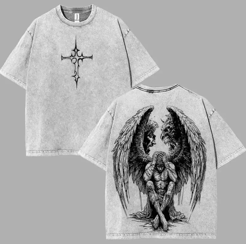Men's Saint Michael The Archangel-Flaming Sword Vintage Short Sleeve Casual Cotton T-Shirt, Christian Church Outfit Merch Top, Shortsleeve, Graphic Print, Machine Wash, Tshirt, Menswear, All Seasons, Crew Neck, Festive, Sports, Distressed, 3Xl
