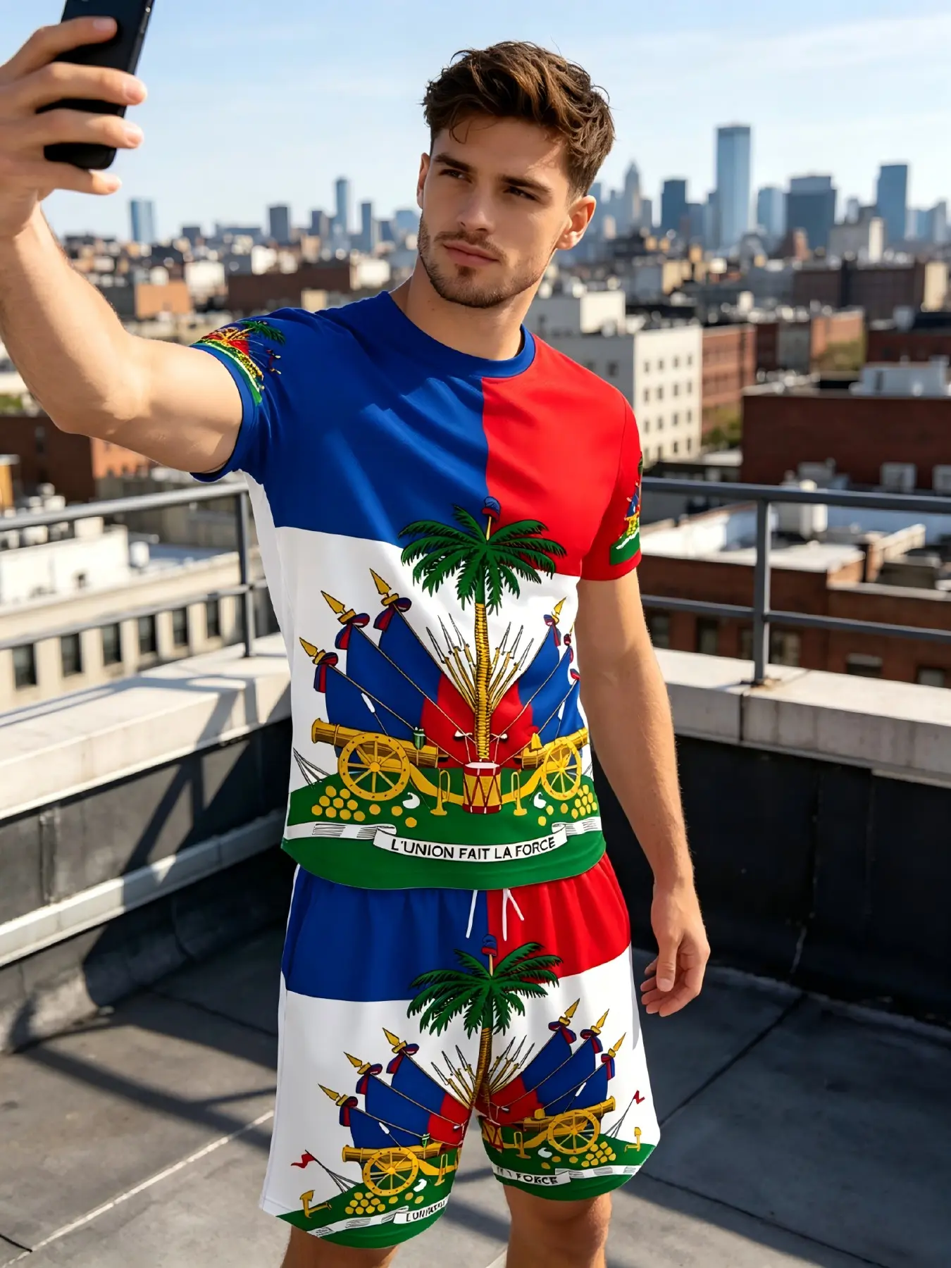 Haiti Theme Tropical Sports Set, Outfit, Flag Elements 3D Print Menswear Men's Casual Two-Piece, Short Sleeve Loose-Fit Tee and Shorts