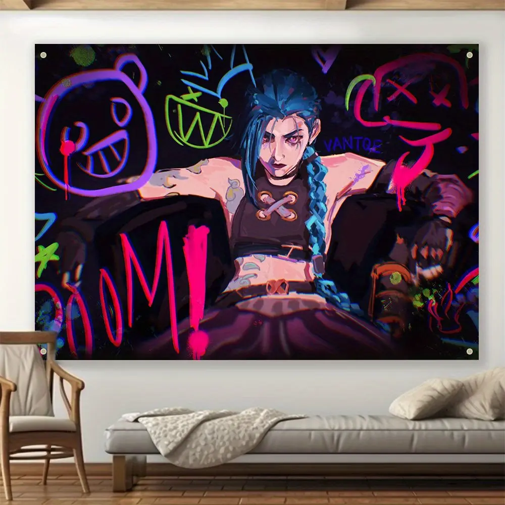 1pc Vibrant Jinx Character Polyster Tapestry, Contemporary Graffiti-Style Wall Hanging for Living Room, Bedroom, Office - Ideal for Home Decor and Party Ambiance, Live Streaming Background, Room Decor summerwins print decorative accessory aesthetic