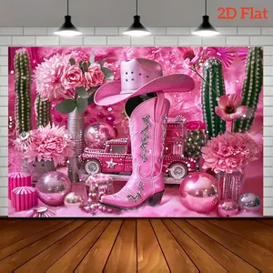 1pc 2D Flat Vibrant Pink Cowboy Boots • Banner • Ideal for Country and Festival Party Decor • Featherless Background Cloth White